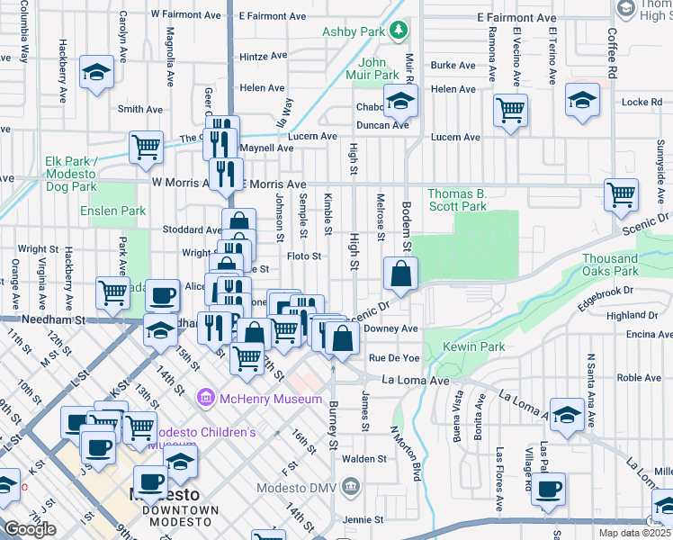 map of restaurants, bars, coffee shops, grocery stores, and more near 416 Redwood Avenue in Modesto