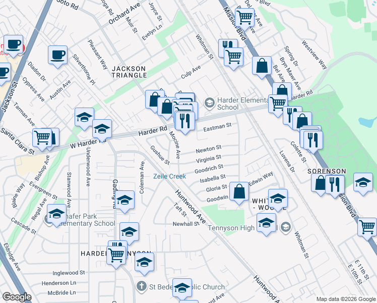 map of restaurants, bars, coffee shops, grocery stores, and more near 137 Virginia Street in Hayward