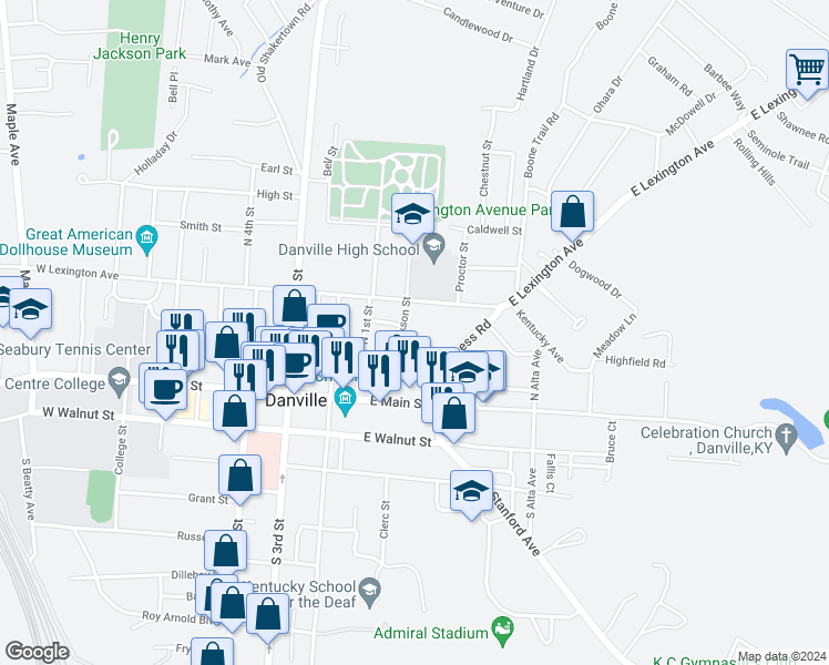 map of restaurants, bars, coffee shops, grocery stores, and more near 208 East Broadway Street in Danville