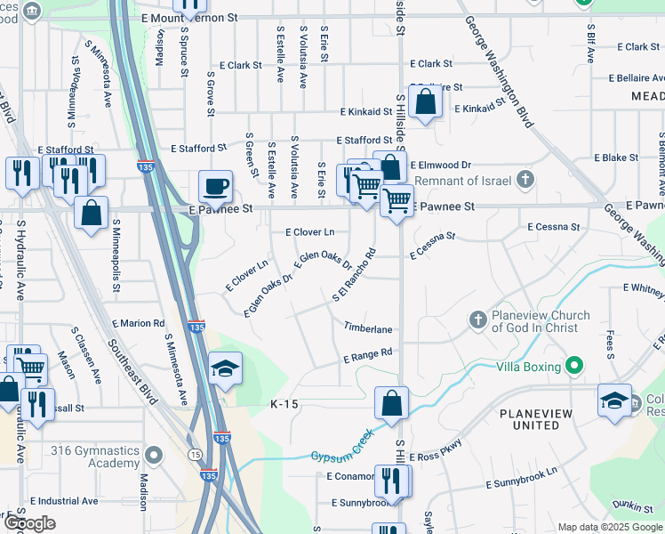 map of restaurants, bars, coffee shops, grocery stores, and more near 2625 South El Rancho in Wichita