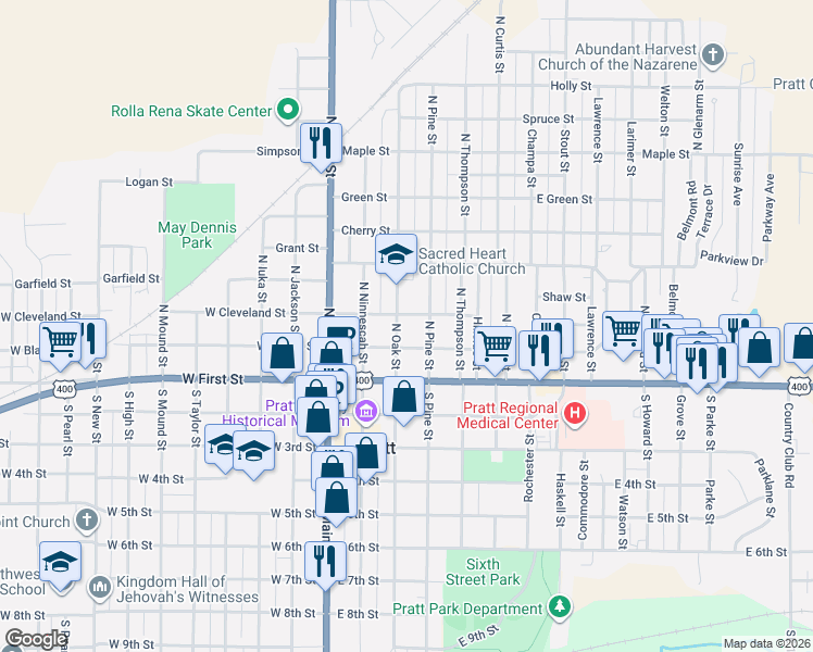 map of restaurants, bars, coffee shops, grocery stores, and more near 300-398 East Blaine Street in Pratt