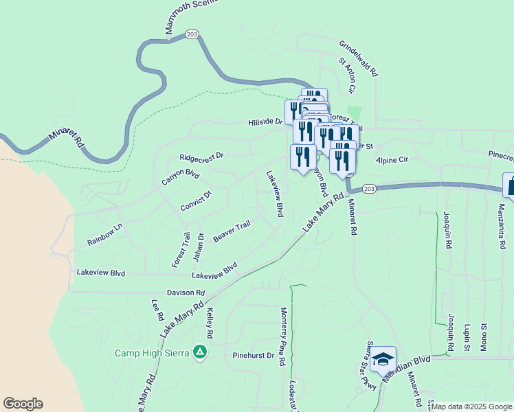 map of restaurants, bars, coffee shops, grocery stores, and more near 98 Horseshoe Drive in Mammoth Lakes