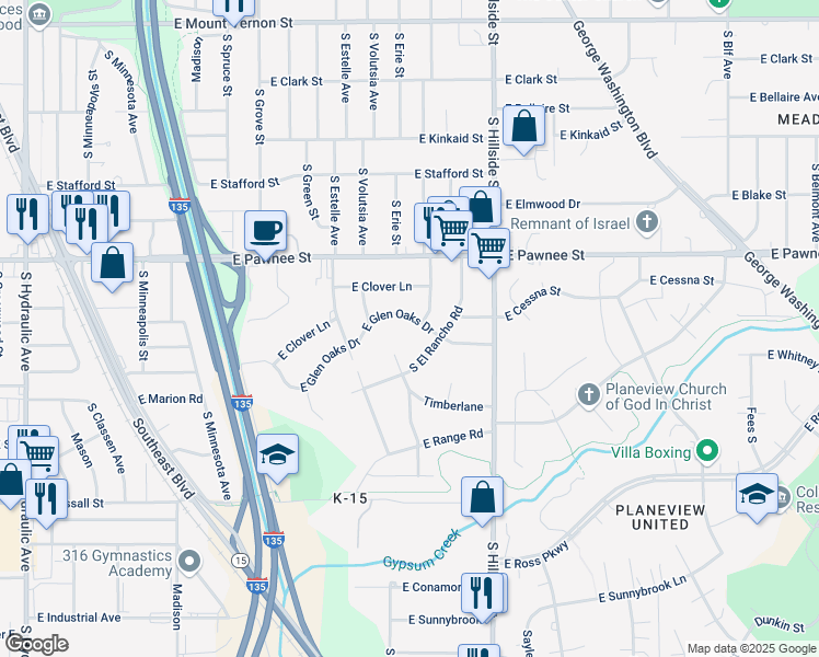map of restaurants, bars, coffee shops, grocery stores, and more near 2625 South El Rancho in Wichita