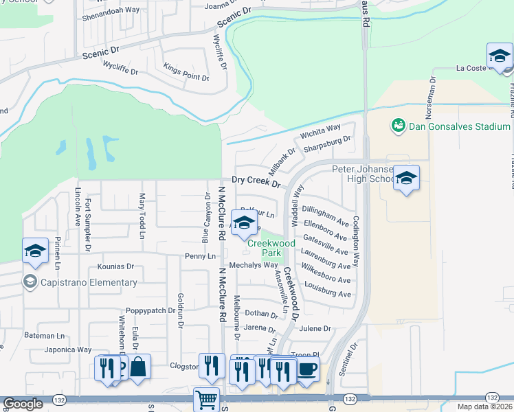 map of restaurants, bars, coffee shops, grocery stores, and more near 3601 Balfour Lane in Modesto