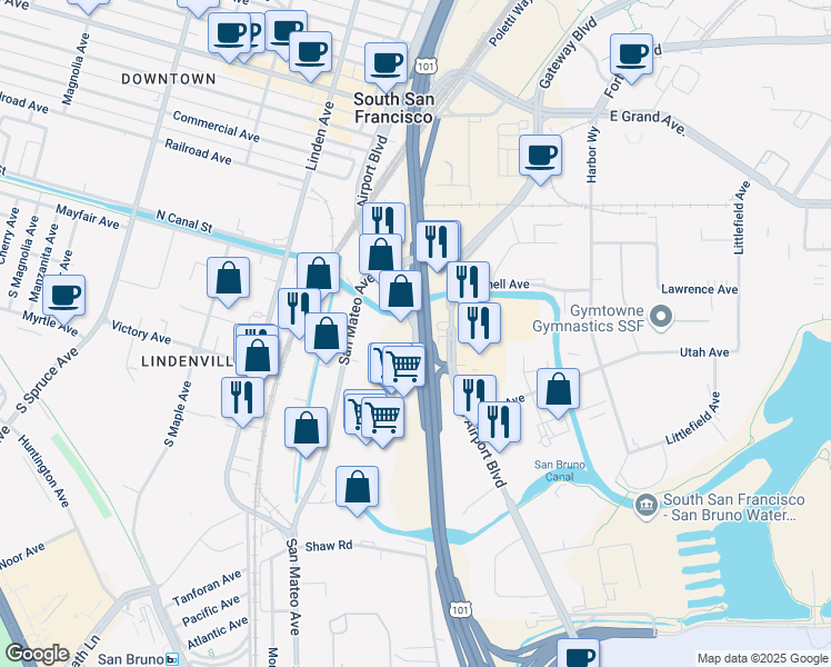 map of restaurants, bars, coffee shops, grocery stores, and more near Produce Avenue in South San Francisco