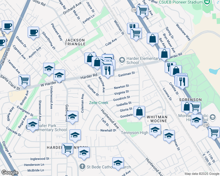 map of restaurants, bars, coffee shops, grocery stores, and more near 128 Newton Street in Hayward
