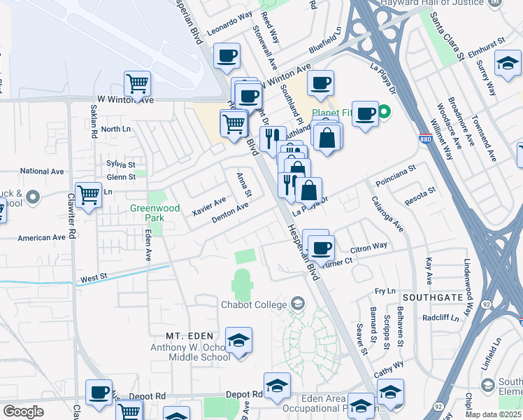 map of restaurants, bars, coffee shops, grocery stores, and more near 1257 West Street in Hayward
