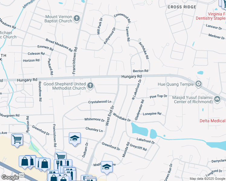map of restaurants, bars, coffee shops, grocery stores, and more near 9102 Danielsdale Drive in Henrico