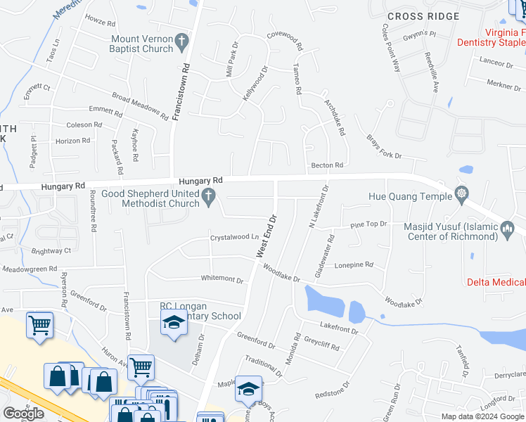 map of restaurants, bars, coffee shops, grocery stores, and more near 9102 Danielsdale Drive in Henrico