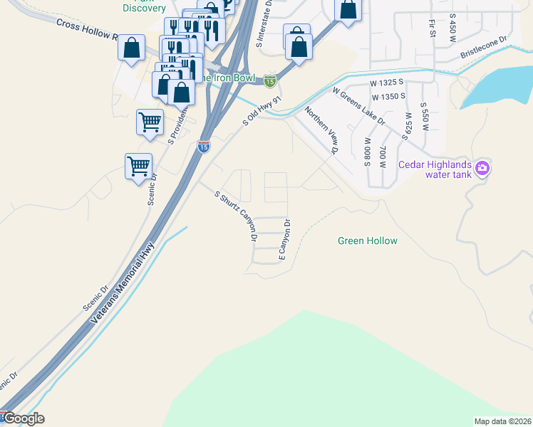 map of restaurants, bars, coffee shops, grocery stores, and more near 1590 West Canyon Drive in Cedar City
