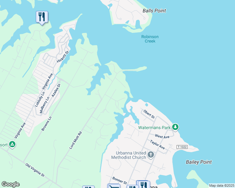map of restaurants, bars, coffee shops, grocery stores, and more near 150 Roseberry Lane in Urbanna