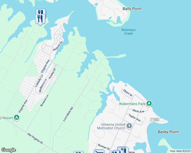 map of restaurants, bars, coffee shops, grocery stores, and more near 25 Hampstead Ave in Urbanna