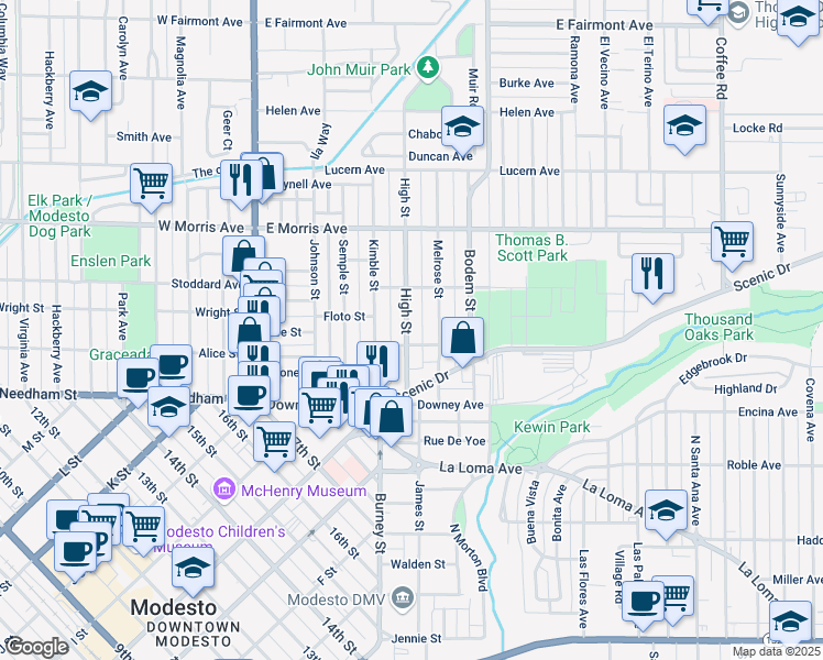 map of restaurants, bars, coffee shops, grocery stores, and more near 231 Melrose Street in Modesto