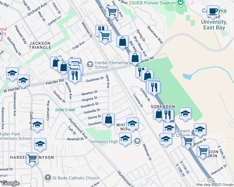 map of restaurants, bars, coffee shops, grocery stores, and more near 26325 Whitman Street in Hayward