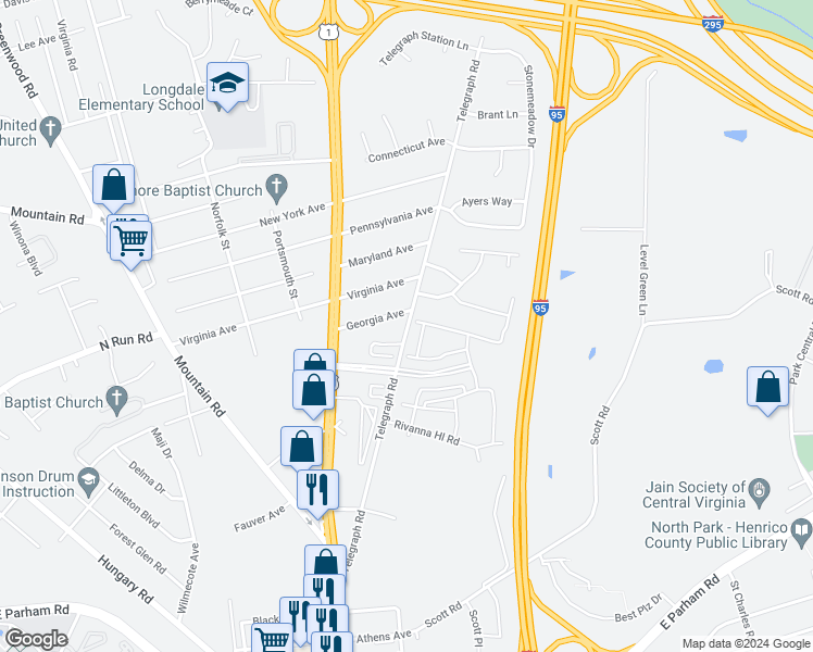 map of restaurants, bars, coffee shops, grocery stores, and more near 1100 Georgia Avenue in Glen Allen