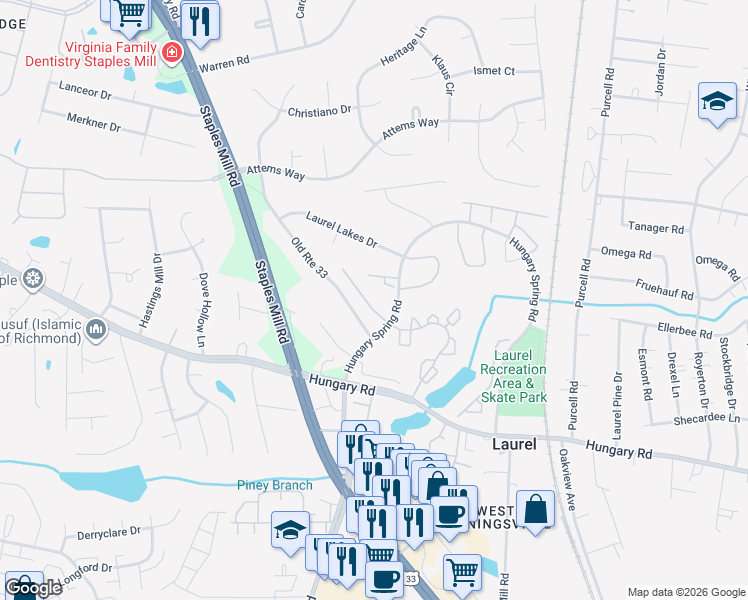 map of restaurants, bars, coffee shops, grocery stores, and more near 9749 Candace Terrace in Glen Allen