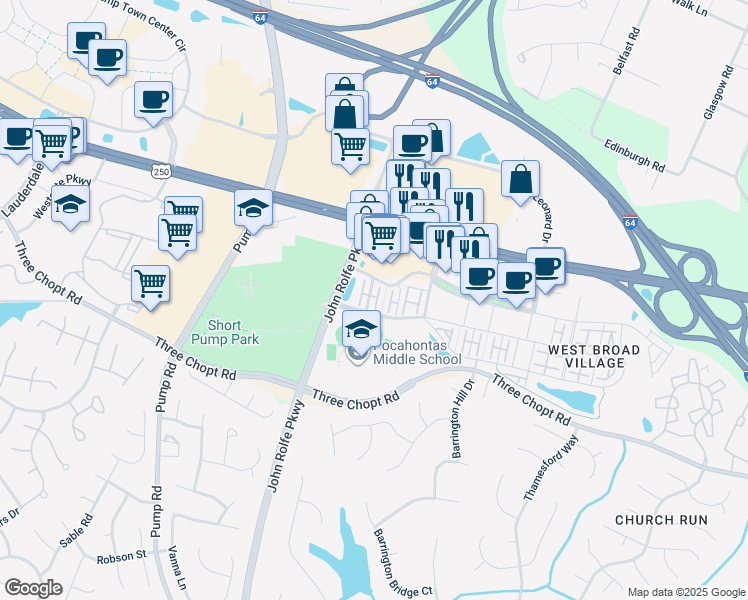 map of restaurants, bars, coffee shops, grocery stores, and more near 11331 West Broad Street in Glen Allen