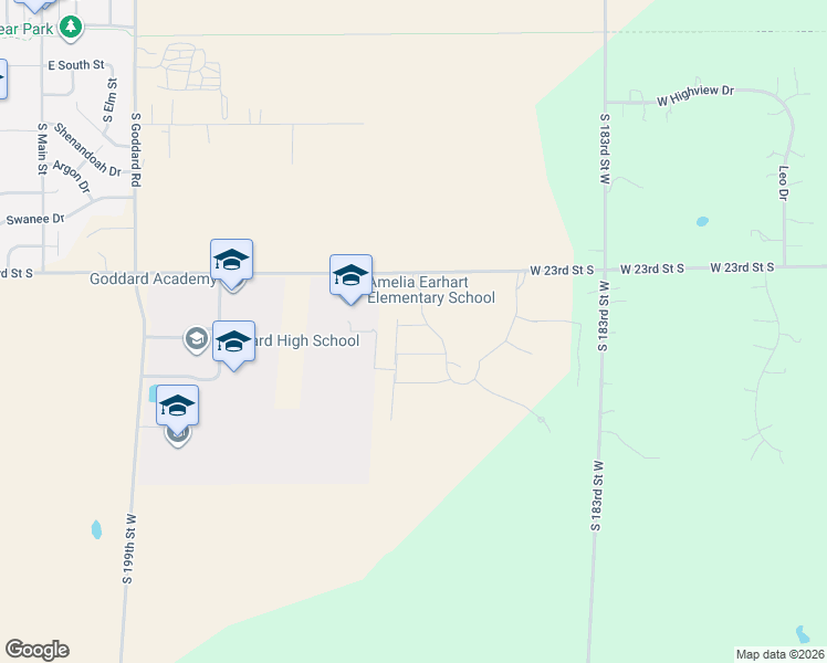 map of restaurants, bars, coffee shops, grocery stores, and more near 18512 West 23rd Street South in Goddard