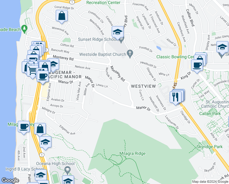 map of restaurants, bars, coffee shops, grocery stores, and more near 472 Lewis Lane in Pacifica