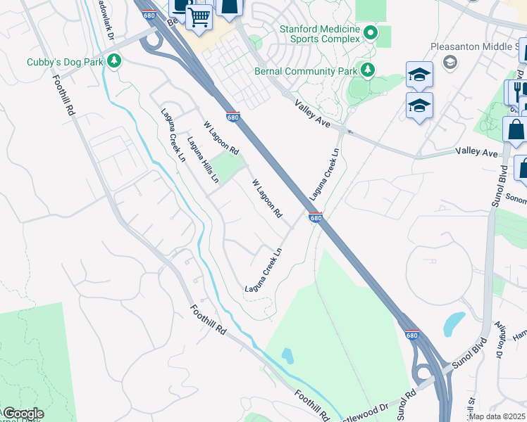 map of restaurants, bars, coffee shops, grocery stores, and more near 1139 Deer Creek Court in Pleasanton