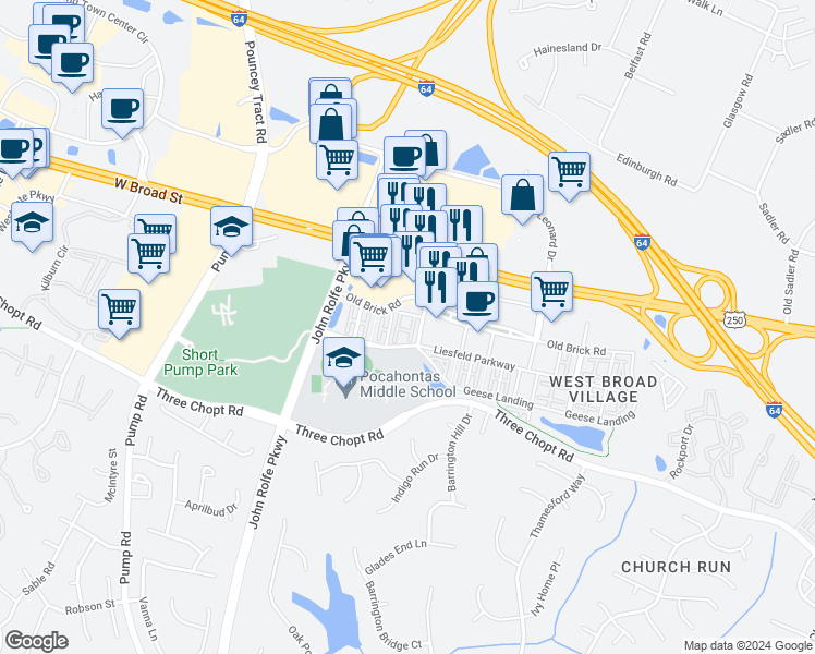 map of restaurants, bars, coffee shops, grocery stores, and more near 2521 Perch Lane in Glen Allen