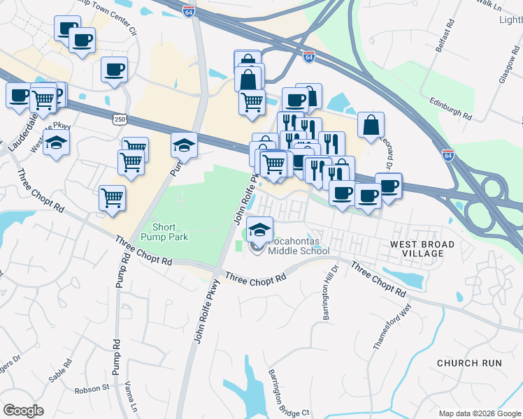map of restaurants, bars, coffee shops, grocery stores, and more near 11331 West Broad Street in Glen Allen