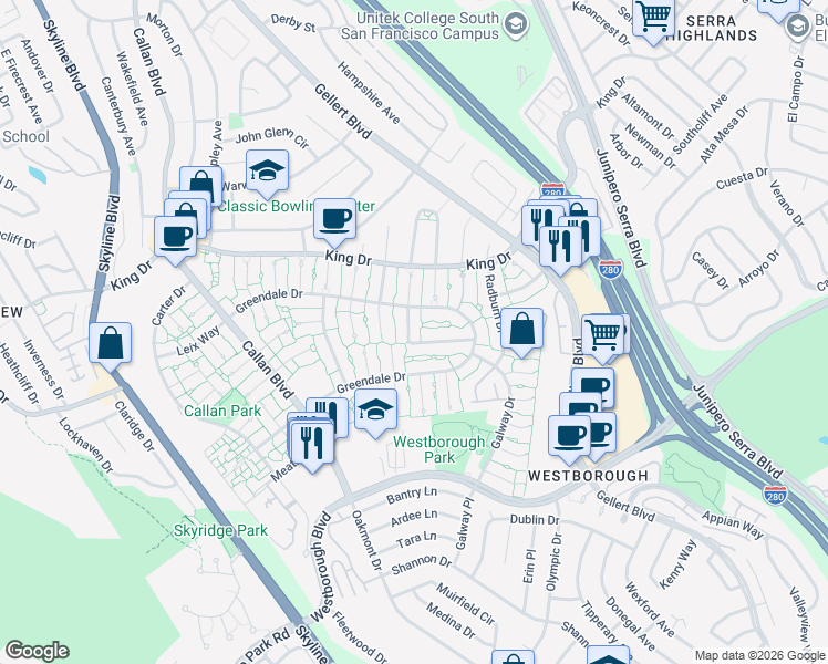 map of restaurants, bars, coffee shops, grocery stores, and more near 3873 Fairfax Way in South San Francisco