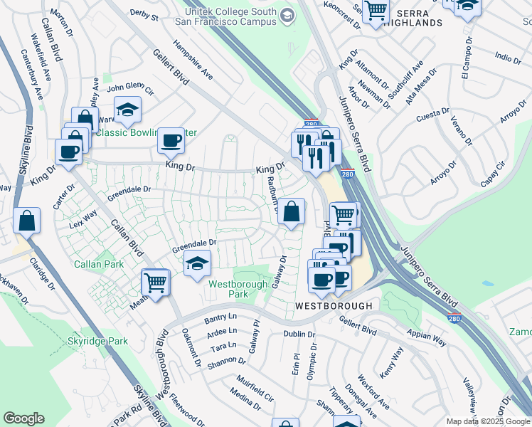 map of restaurants, bars, coffee shops, grocery stores, and more near 3811 Radburn Drive in South San Francisco