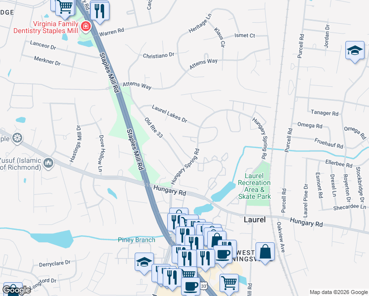 map of restaurants, bars, coffee shops, grocery stores, and more near 9725 Candace Terrace in Glen Allen