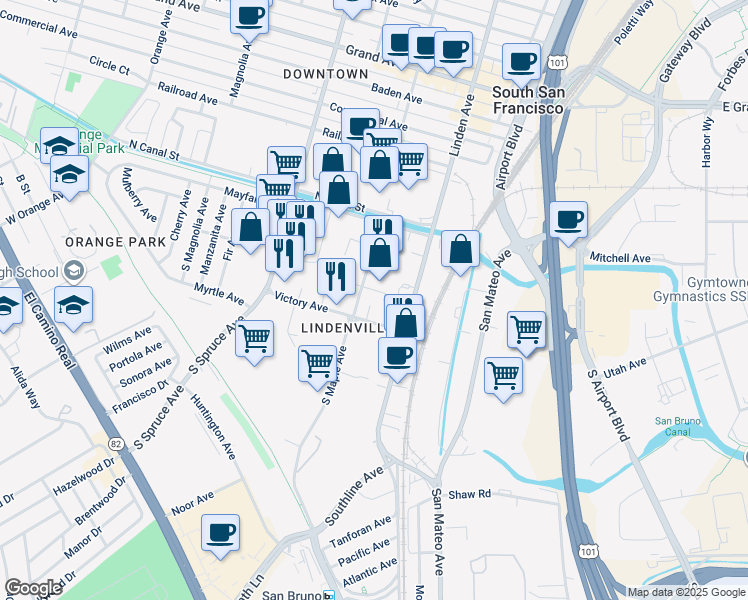 map of restaurants, bars, coffee shops, grocery stores, and more near 132 S Maple Ave in South San Francisco