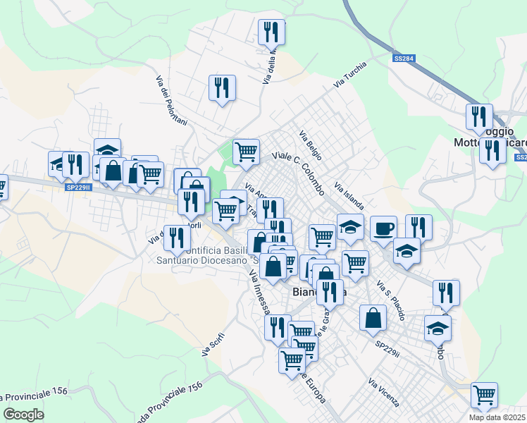 map of restaurants, bars, coffee shops, grocery stores, and more near 56 Via Laudani in Biancavilla