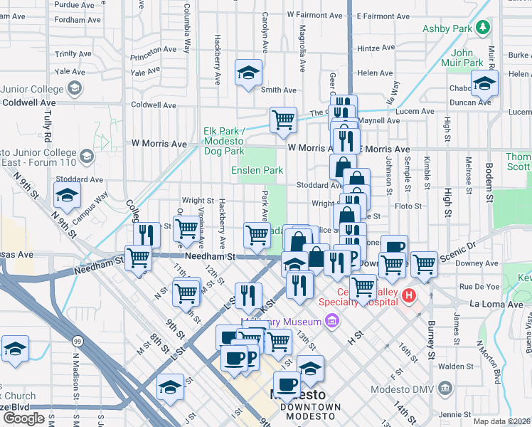 map of restaurants, bars, coffee shops, grocery stores, and more near 303 Park Avenue in Modesto