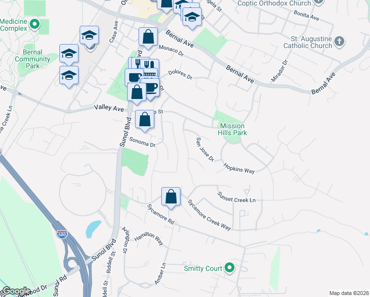 map of restaurants, bars, coffee shops, grocery stores, and more near 5523 San Jose Drive in Pleasanton