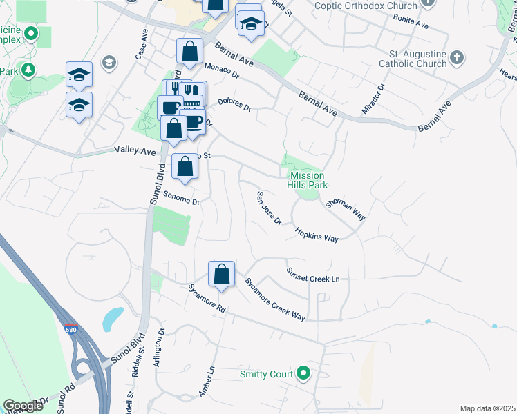 map of restaurants, bars, coffee shops, grocery stores, and more near 5571 San Jose Drive in Pleasanton