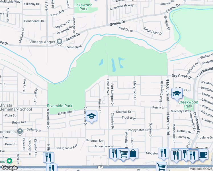 map of restaurants, bars, coffee shops, grocery stores, and more near 565 Lincoln Avenue in Modesto