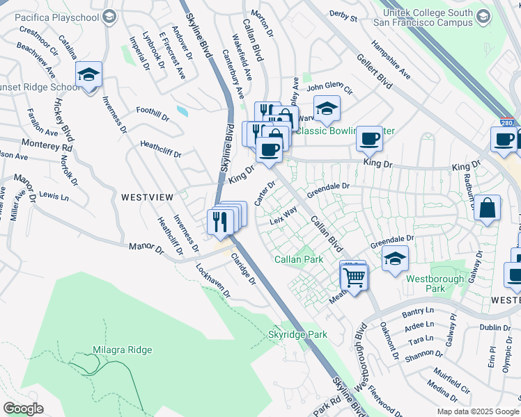 map of restaurants, bars, coffee shops, grocery stores, and more near 3836 Carter Drive in South San Francisco