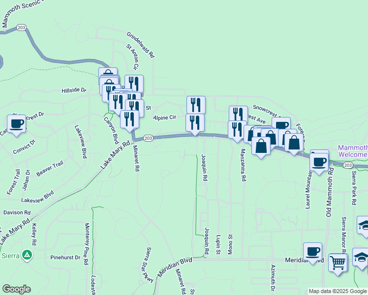 map of restaurants, bars, coffee shops, grocery stores, and more near 5 Frontage Road in Mammoth Lakes