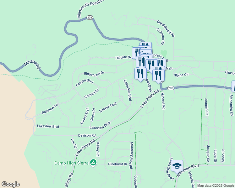 map of restaurants, bars, coffee shops, grocery stores, and more near 70-98 Horseshoe Dr in Mammoth Lakes