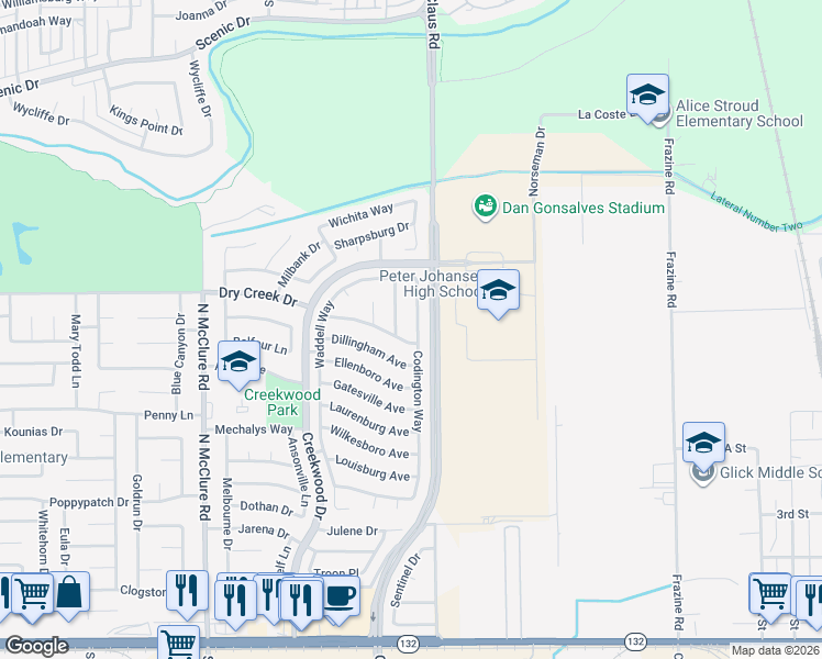map of restaurants, bars, coffee shops, grocery stores, and more near 720 Carrboro Lane in Modesto
