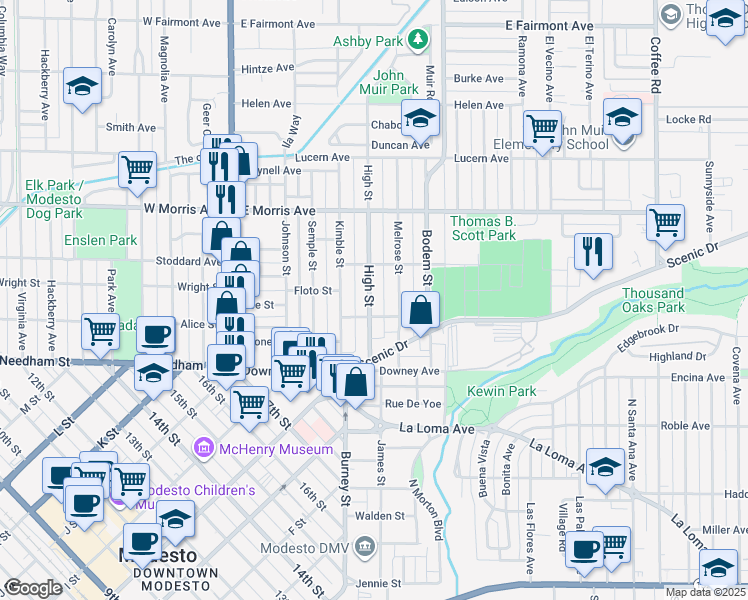 map of restaurants, bars, coffee shops, grocery stores, and more near 231 Melrose Street in Modesto