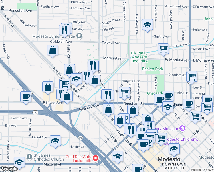 map of restaurants, bars, coffee shops, grocery stores, and more near in Modesto