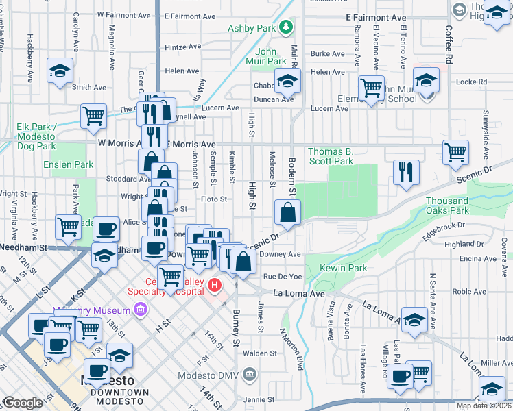 map of restaurants, bars, coffee shops, grocery stores, and more near 231 Melrose Street in Modesto