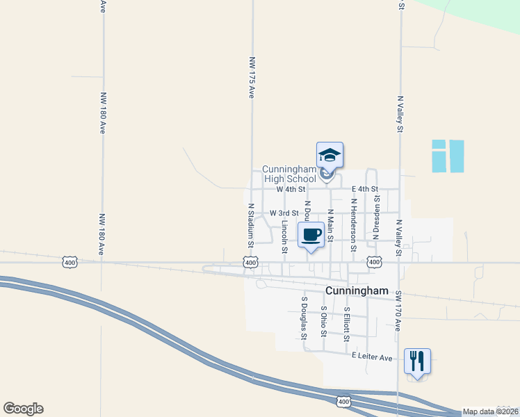 map of restaurants, bars, coffee shops, grocery stores, and more near 318-398 North Stadium Street in Cunningham