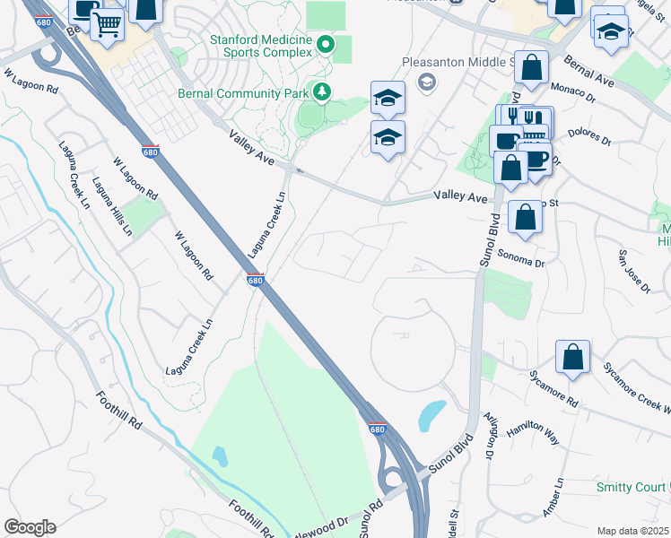 map of restaurants, bars, coffee shops, grocery stores, and more near 6065 Sterling Greens Circle in Pleasanton