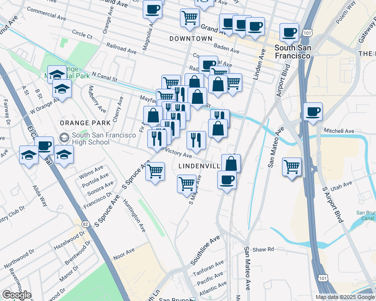 map of restaurants, bars, coffee shops, grocery stores, and more near 161 Starlite Street in South San Francisco
