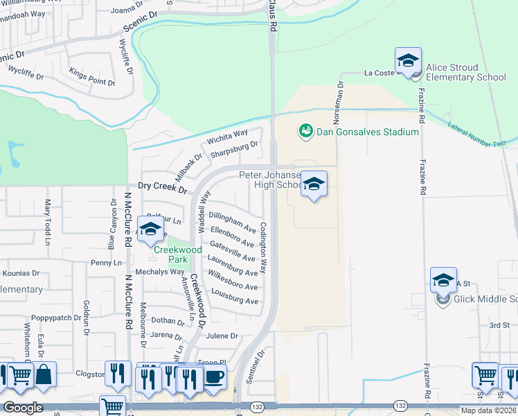map of restaurants, bars, coffee shops, grocery stores, and more near 720 Carrboro Lane in Modesto
