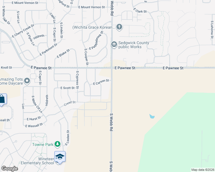 map of restaurants, bars, coffee shops, grocery stores, and more near 2501 South Webb Road in Wichita