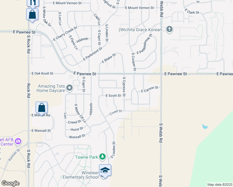 map of restaurants, bars, coffee shops, grocery stores, and more near 9003 East Carson Street in Wichita