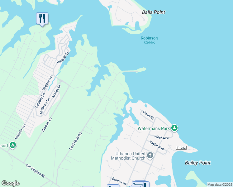 map of restaurants, bars, coffee shops, grocery stores, and more near 150 Roseberry Lane in Urbanna