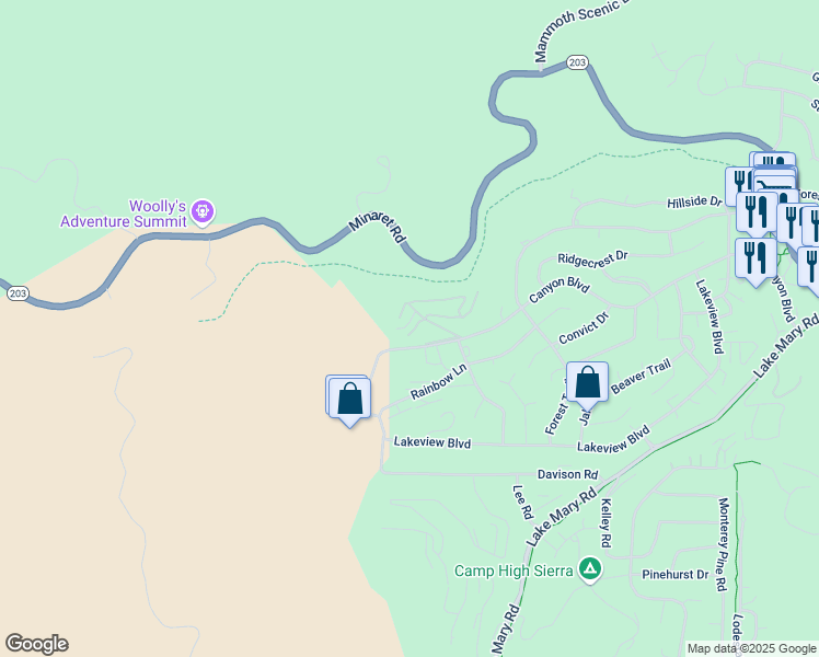 map of restaurants, bars, coffee shops, grocery stores, and more near 808 Canyon Boulevard in Mammoth Lakes